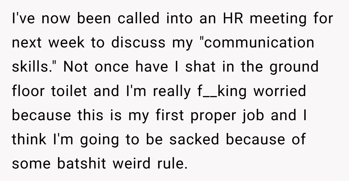 I've now been called into an HR meeting for next week to discuss my "communication skills." Not once have I shat in the ground floor toilet and I'm really f__king...
