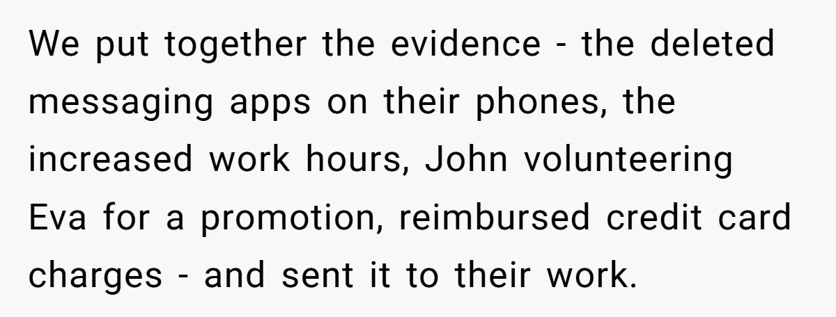 We put together the evidence - the deleted messaging apps on their phones, the increased work hours, John volunteering Eva for a promotion, reimbursed credit card charges - and sent...