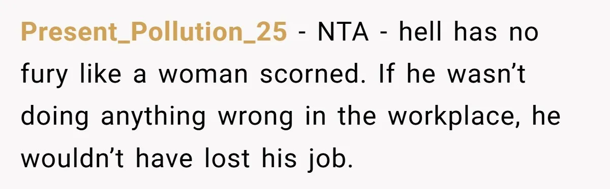 Present_Pollution_25 − NTA - hell has no fury like a woman scorned. If he wasn’t doing anything wrong in the workplace, he wouldn’t have lost his job.