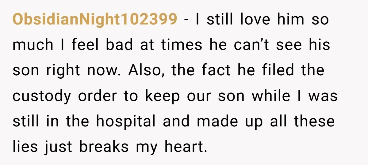 ObsidianNight102399 - I still love him so much I feel bad at times he can’t see his son right now. Also, the fact he filed the custody order to keep...