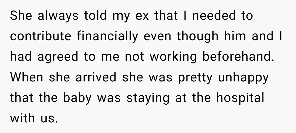 She always told my ex that I needed to contribute financially even though him and I had agreed to me not working beforehand. When she arrived she was pretty unhappy...