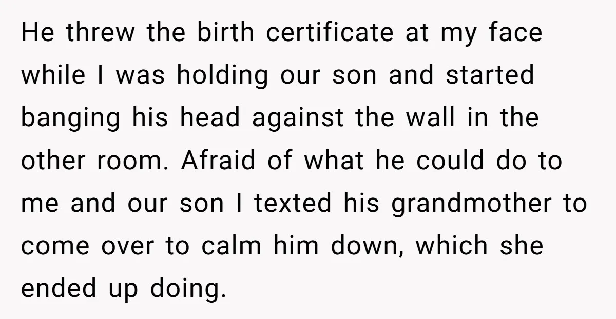 He threw the birth certificate at my face while I was holding our son and started banging his head against the wall in the other room. Afraid of what he...