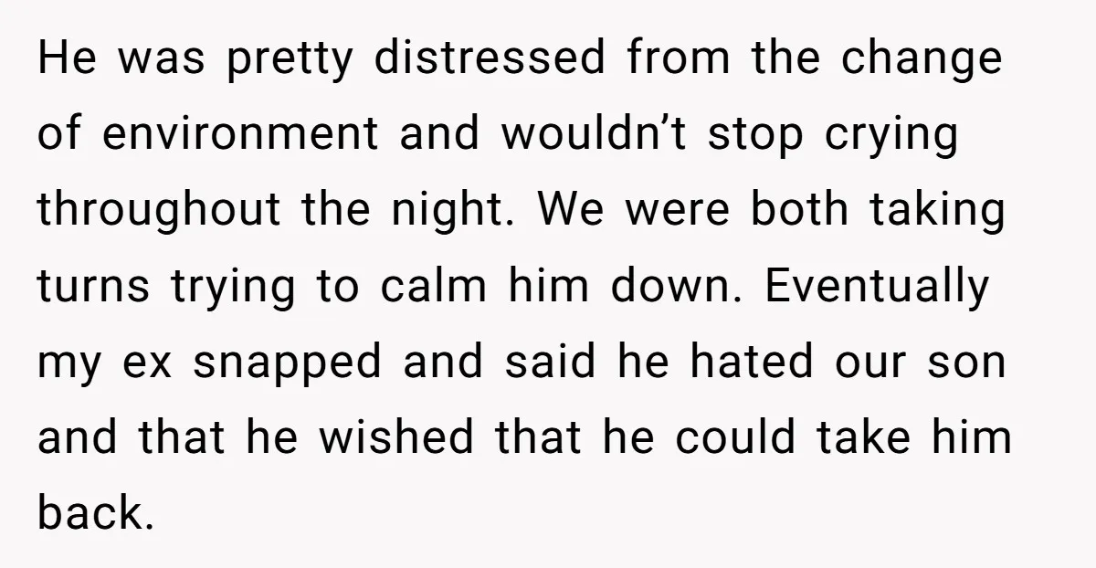 He was pretty distressed from the change of environment and wouldn’t stop crying throughout the night. We were both taking turns trying to calm him down. Eventually my ex snapped...