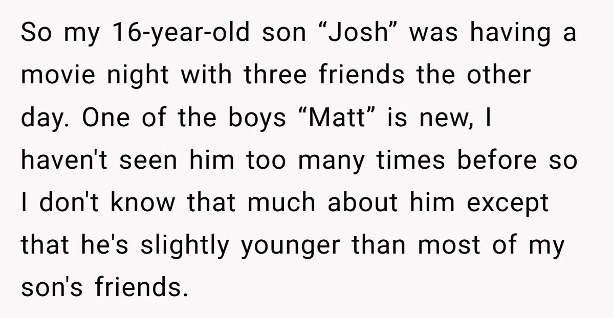 So my 16-year-old son “Josh” was having a movie night with three friends the other day. One of the boys “Matt” is new, I haven't seen him too many times...
