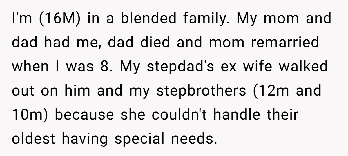 I'm (16M) in a blended family. My mom and dad had me, dad died and mom remarried when I was 8. My stepdad's ex wife walked out on him and...
