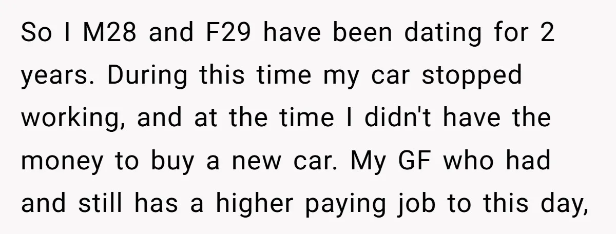 So I M28 and F29 have been dating for 2 years. During this time my car stopped working, and at the time I didn't have the money to buy a...