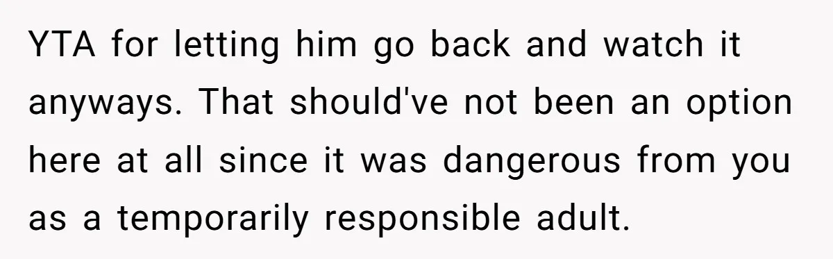 YTA for letting him go back and watch it anyways. That should've not been an option here at all since it was dangerous from you as a temporarily responsible adult.