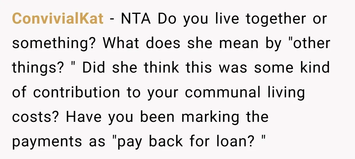 ConvivialKat − NTA Do you live together or something? What does she mean by "other things? " Did she think this was some kind of contribution to your communal living...