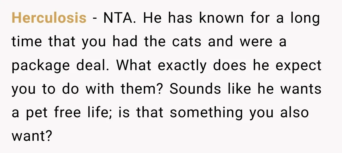 Herculosis − NTA. He has known for a long time that you had the cats and were a package deal. What exactly does he expect you to do with them?...