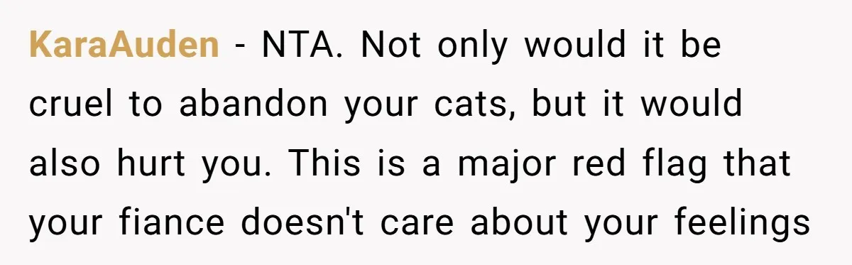KaraAuden − NTA. Not only would it be cruel to abandon your cats, but it would also hurt you. This is a major red flag that your fiance doesn't care...