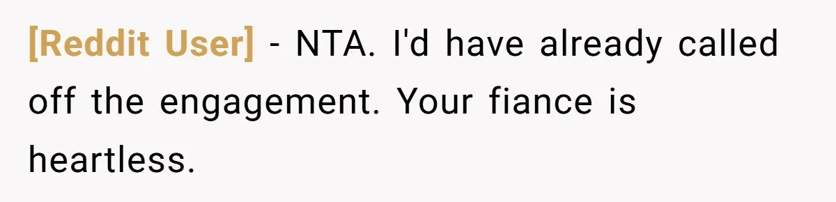 [Reddit User] − NTA. I'd have already called off the engagement. Your fiance is heartless.