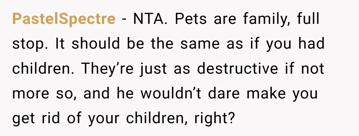 PastelSpectre − NTA. Pets are family, full stop. It should be the same as if you had children. They’re just as destructive if not more so, and he wouldn’t dare...
