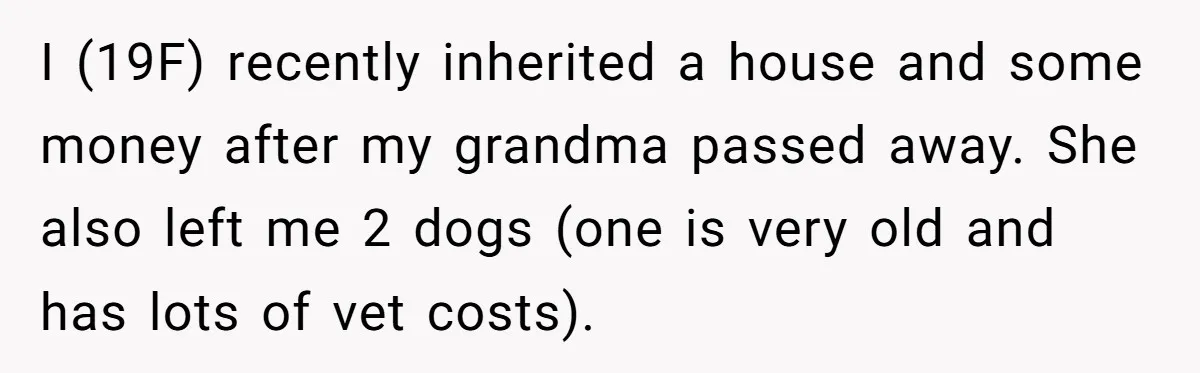 I (19F) recently inherited a house and some money after my grandma passed away. She also left me 2 dogs (one is very old and has lots of vet costs).