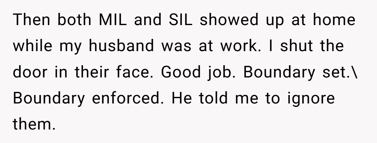 Then both MIL and SIL showed up at home while my husband was at work. I shut the door in their face. Good job. Boundary set.\ Boundary enforced. He told...