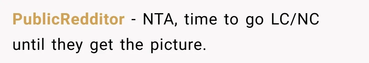 PublicRedditor − NTA, time to go LC/NC until they get the picture.