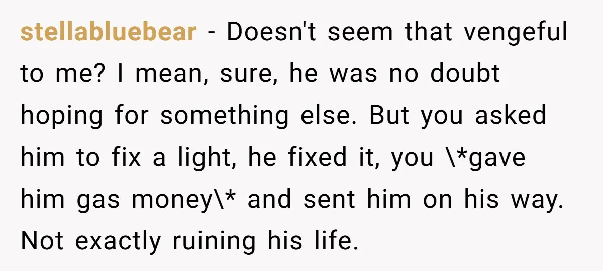 stellabluebear − Doesn't seem that vengeful to me? I mean, sure, he was no doubt hoping for something else. But you asked him to fix a light, he fixed it,...