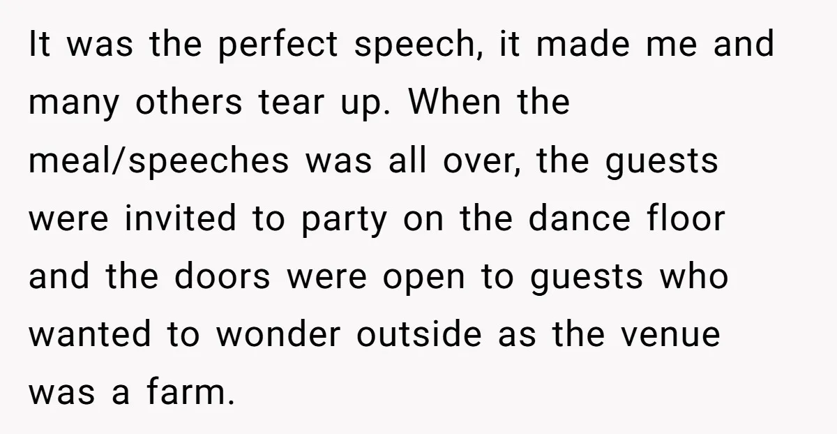 It was the perfect speech, it made me and many others tear up. When the meal/speeches was all over, the guests were invited to party on the dance floor and...