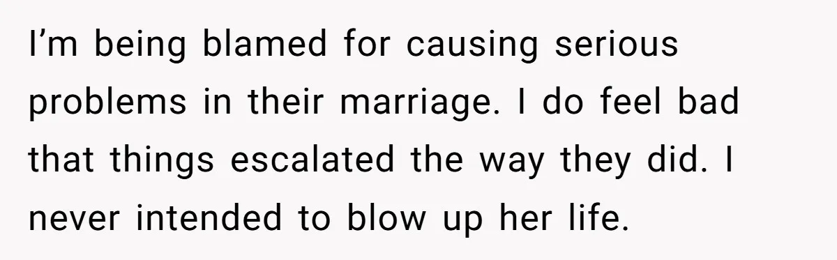 I’m being blamed for causing serious problems in their marriage. I do feel bad that things escalated the way they did. I never intended to blow up her life.