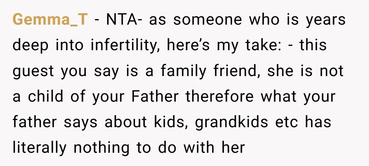 Gemma_T − NTA- as someone who is years deep into infertility, here’s my take: - this guest you say is a family friend, she is not a child of your...