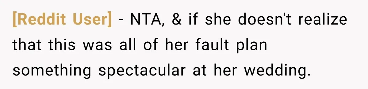 [Reddit User] - NTA, & if she doesn't realize that this was all of her fault plan something spectacular at her wedding.