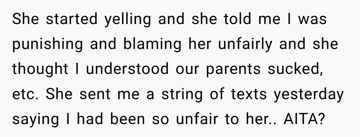 She started yelling and she told me I was punishing and blaming her unfairly and she thought I understood our parents sucked, etc. She sent me a string of texts...