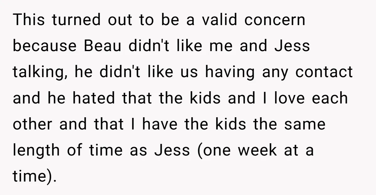 This turned out to be a valid concern because Beau didn't like me and Jess talking, he didn't like us having any contact and he hated that the kids and...
