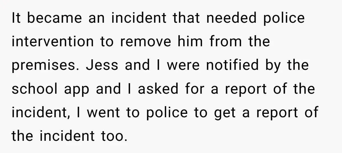 It became an incident that needed police intervention to remove him from the premises. Jess and I were notified by the school app and I asked for a report of...