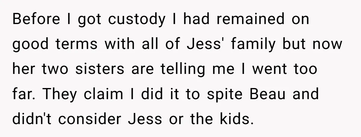 Before I got custody I had remained on good terms with all of Jess' family but now her two sisters are telling me I went too far. They claim I...