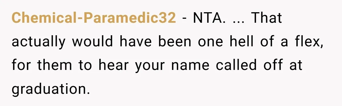 Chemical-Paramedic32 - NTA. ... That actually would have been one hell of a flex, for them to hear your name called off at graduation.