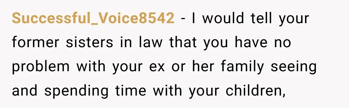 Successful_Voice8542 − I would tell your former sisters in law that you have no problem with your ex or her family seeing and spending time with your children,