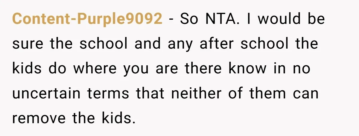 Content-Purple9092 − So NTA. I would be sure the school and any after school the kids do where you are there know in no uncertain terms that neither of them...