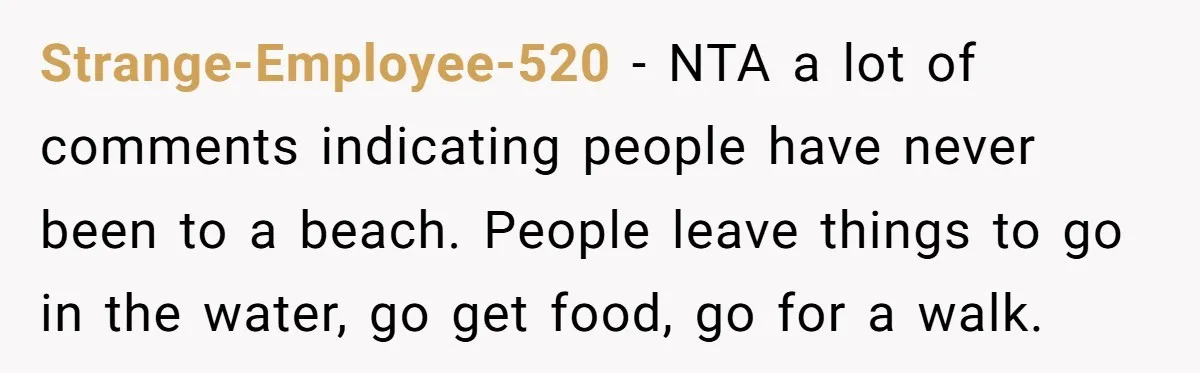 Strange-Employee-520 − NTA a lot of comments indicating people have never been to a beach. People leave things to go in the water, go get food, go for a walk.