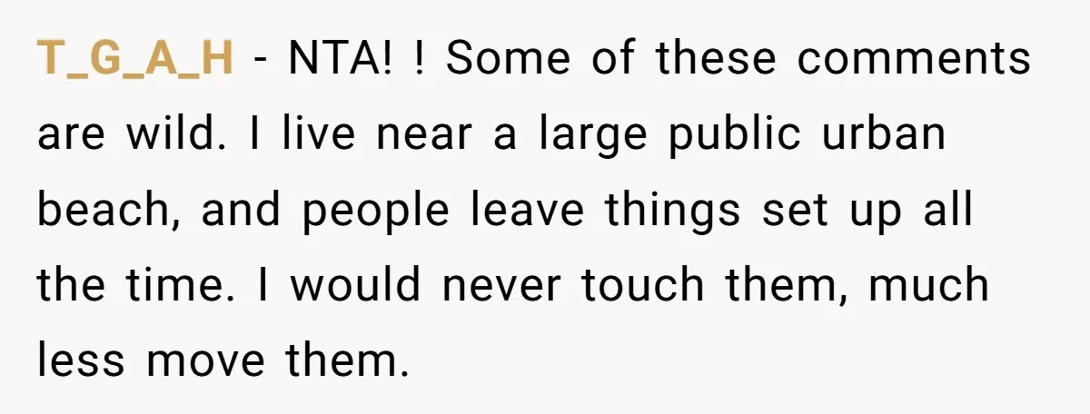 T_G_A_H − NTA! ! Some of these comments are wild. I live near a large public urban beach, and people leave things set up all the time. I would never...