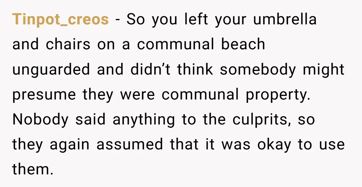 Tinpot_creos − So you left your umbrella and chairs on a communal beach unguarded and didn’t think somebody might presume they were communal property. Nobody said anything to the culprits,...