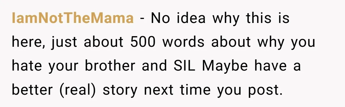 IamNotTheMama - No idea why this is here, just about 500 words about why you hate your brother and SIL Maybe have a better (real) story next time you post.