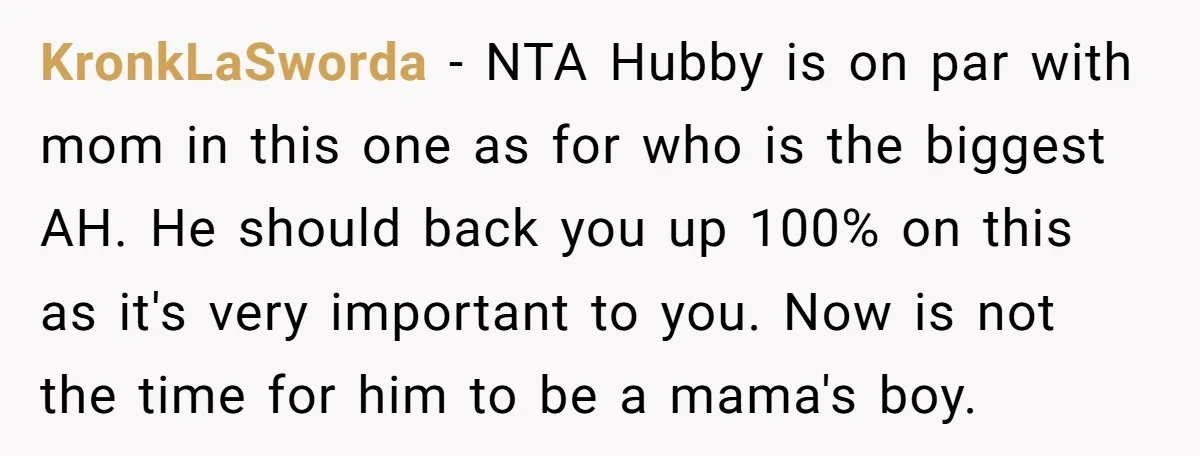 KronkLaSworda − NTA Hubby is on par with mom in this one as for who is the biggest AH. He should back you up 100% on this as it's very...