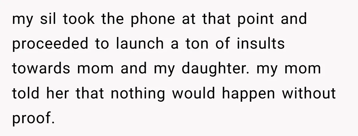 my sil took the phone at that point and proceeded to launch a ton of insults towards mom and my daughter. my mom told her that nothing would happen without...