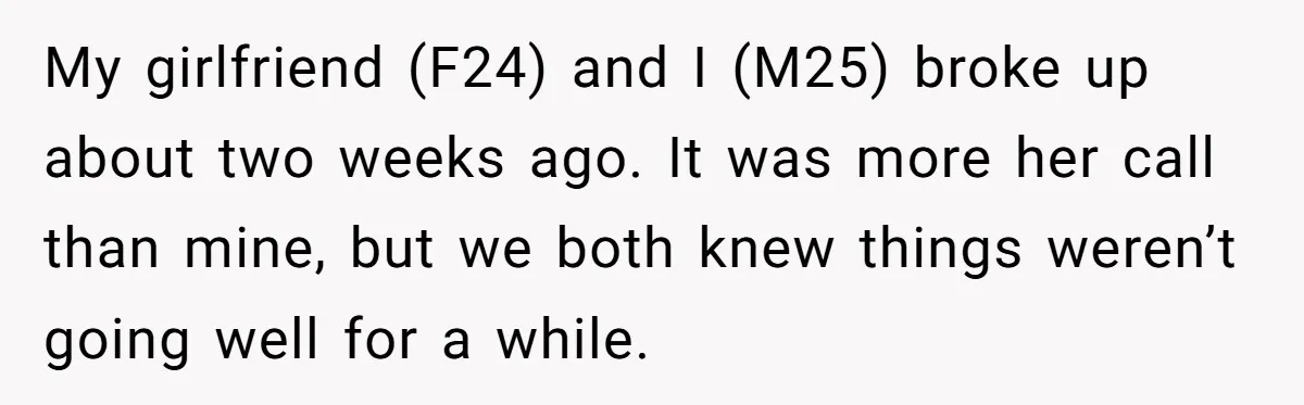 My girlfriend (F24) and I (M25) broke up about two weeks ago. It was more her call than mine, but we both knew things weren’t going well for a while.