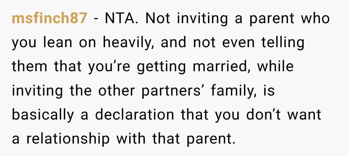 msfinch87 − NTA. Not inviting a parent who you lean on heavily, and not even telling them that you’re getting married, while inviting the other partners’ family, is basically a...