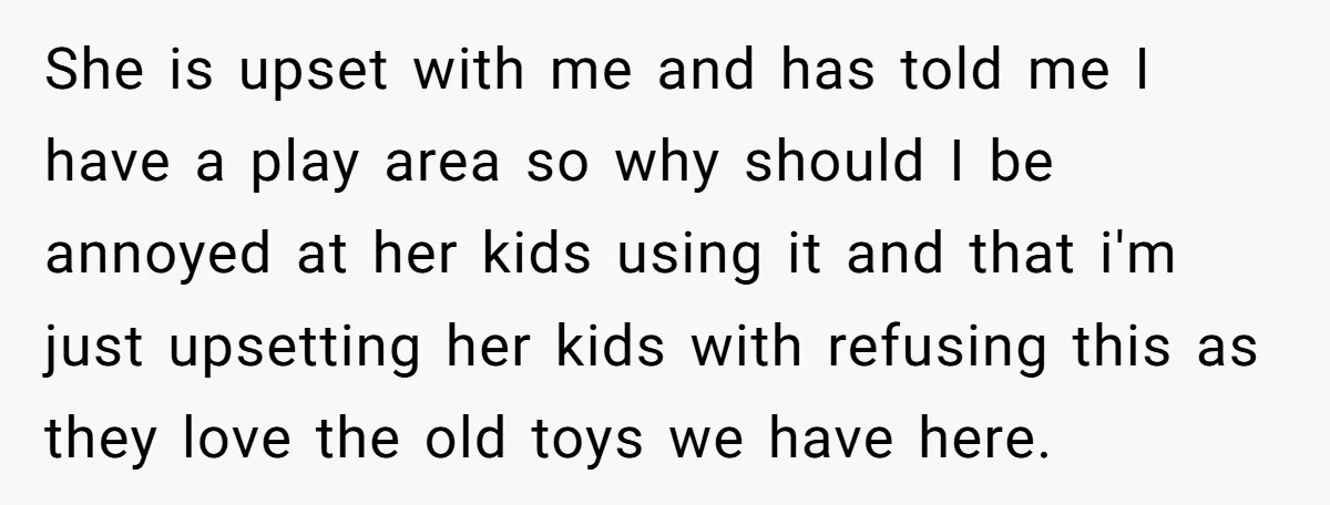She is upset with me and has told me I have a play area so why should I be annoyed at her kids using it and that i'm just upsetting...