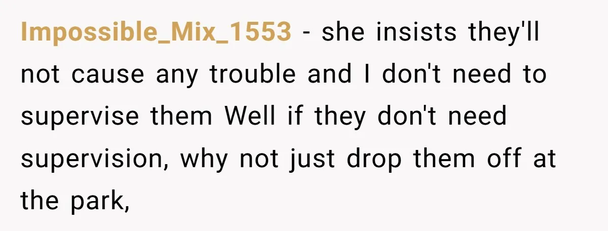 Impossible_Mix_1553 − she insists they'll not cause any trouble and I don't need to supervise them Well if they don't need supervision, why not just drop them off at the...