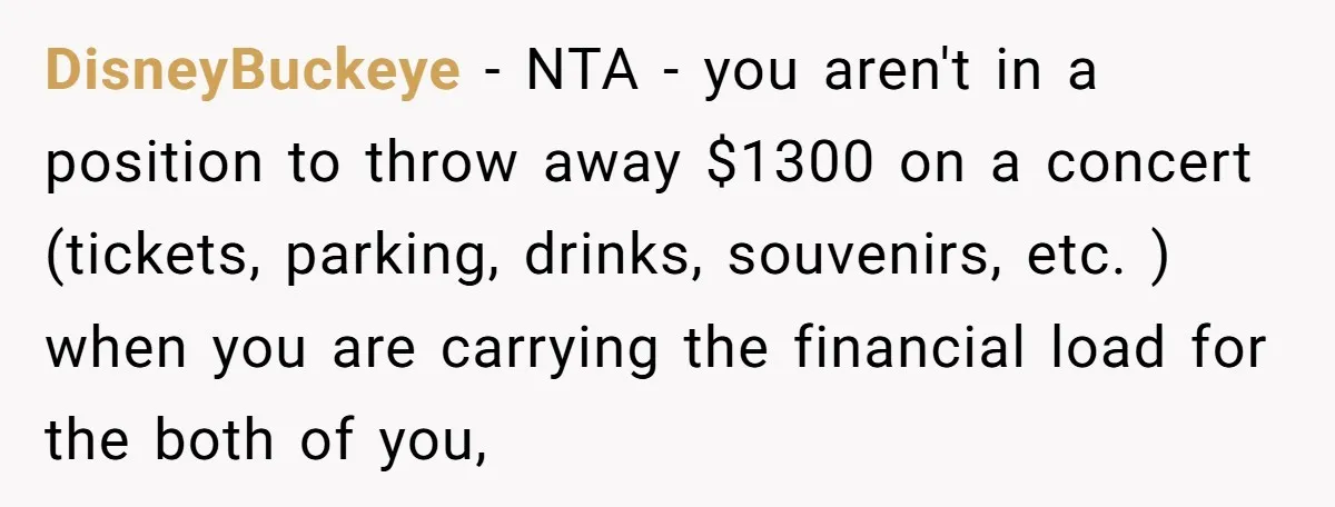 DisneyBuckeye − NTA - you aren't in a position to throw away $1300 on a concert (tickets, parking, drinks, souvenirs, etc. ) when you are carrying the financial load for...