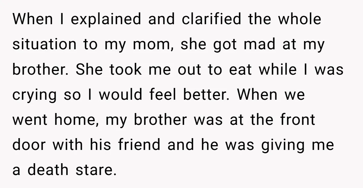 When I explained and clarified the whole situation to my mom, she got mad at my brother. She took me out to eat while I was crying so I would...