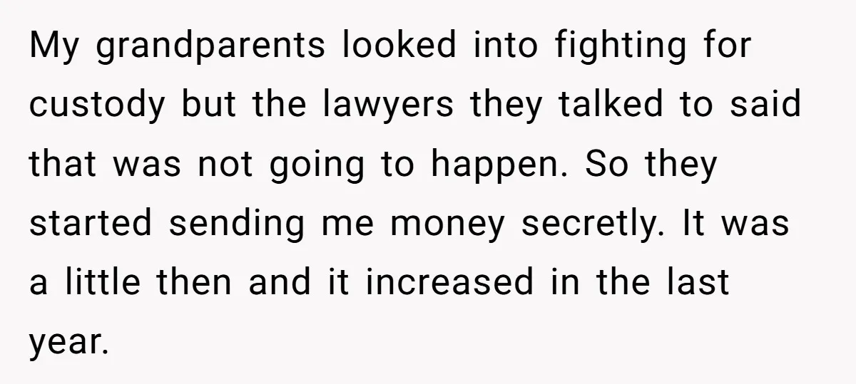My grandparents looked into fighting for custody but the lawyers they talked to said that was not going to happen. So they started sending me money secretly. It was a...