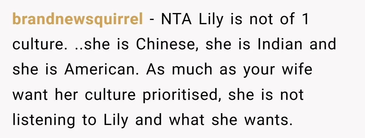 brandnewsquirrel − NTA Lily is not of 1 culture. ..she is Chinese, she is Indian and she is American. As much as your wife want her culture prioritised, she is...