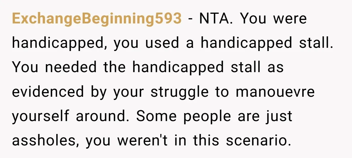 ExchangeBeginning593 − NTA. You were handicapped, you used a handicapped stall. You needed the handicapped stall as evidenced by your struggle to manouevre yourself around. Some people are just assholes,...