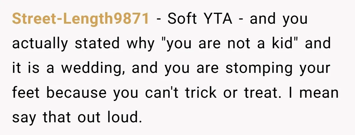 Street-Length9871 − Soft YTA - and you actually stated why "you are not a kid" and it is a wedding, and you are stomping your feet because you can't trick...