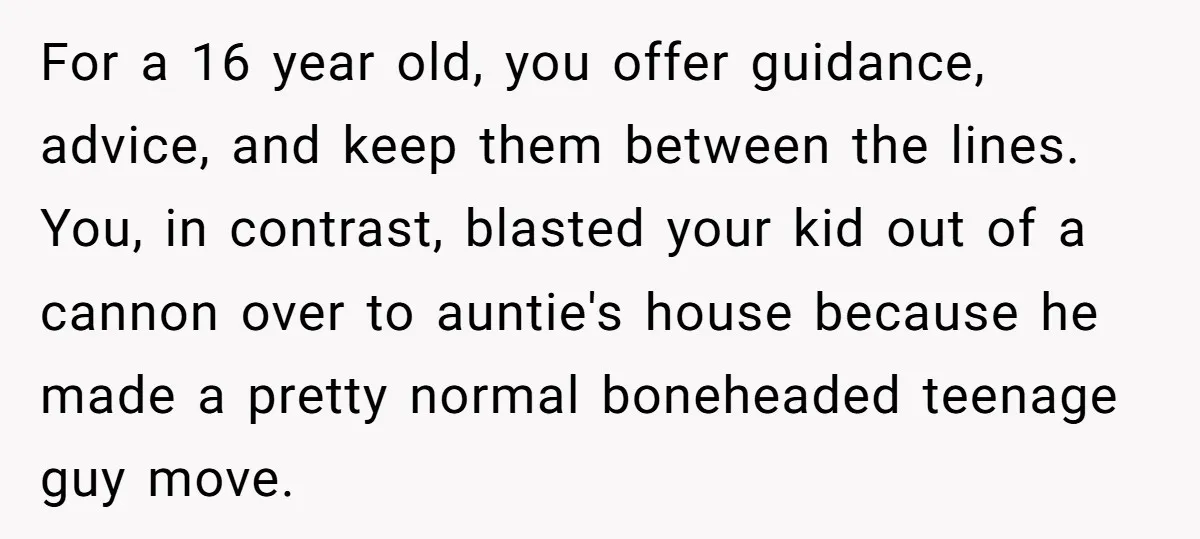 For a 16 year old, you offer guidance, advice, and keep them between the lines. You, in contrast, blasted your kid out of a cannon over to auntie's house because...