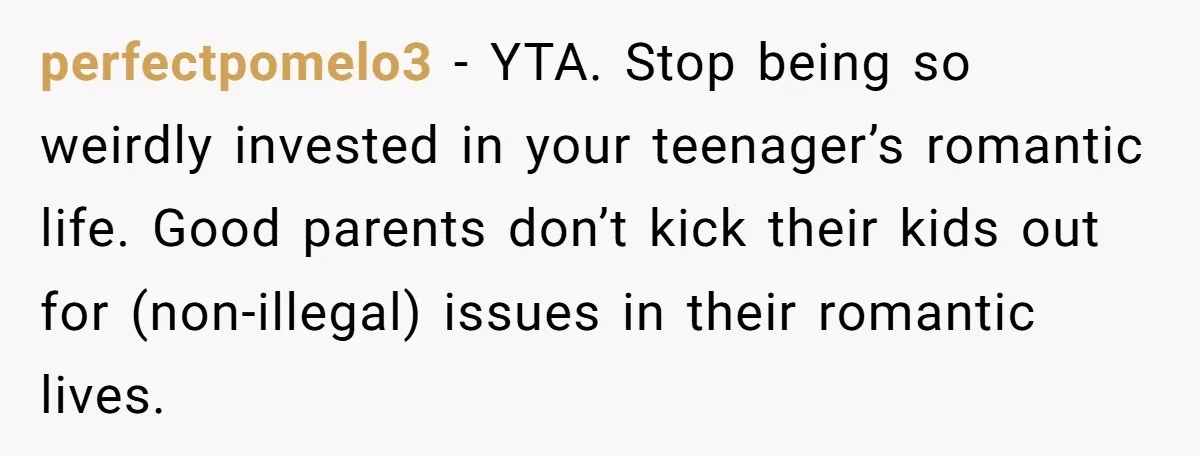 perfectpomelo3 - YTA. Stop being so weirdly invested in your teenager’s romantic life. Good parents don’t kick their kids out for (non-illegal) issues in their romantic lives.