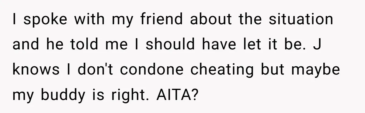 I spoke with my friend about the situation and he told me I should have let it be. J knows I don't condone cheating but maybe my buddy is right....